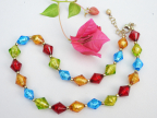 Multicolored Murano Glass, Dopio Cono, Venetian Foil Bead Necklace, 17 1/2 Inches