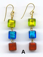 Earrings with 3 Small 8mm, Cube Shaped Venetian Beads