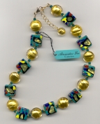 "Miro" Teal Green Squares & 24 Kt. Gold Foil Disc Necklace
